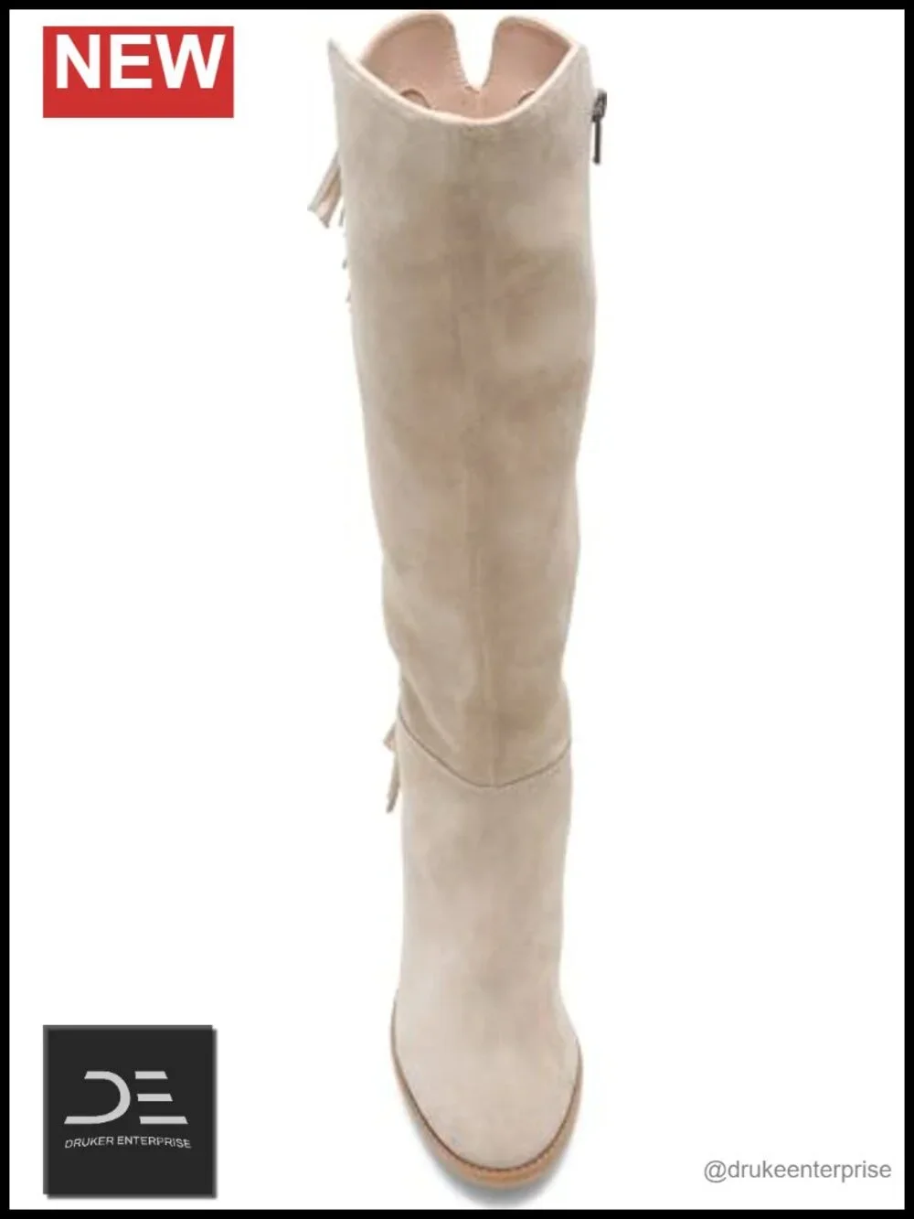 Suede Almond Toe Fringe Boots - Over the Knee Block Heel Zip Closure